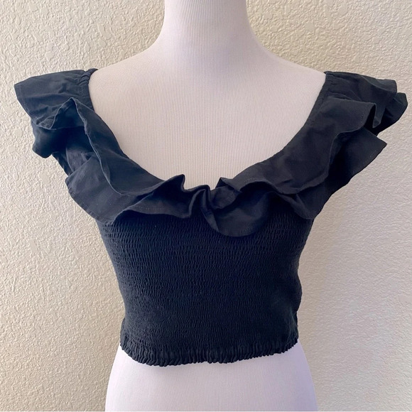 Maeve Anthropologie Smock Top Ruffle Neck Off The Shoulder Black Blouse: 6 - Picture 3 of 12